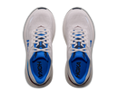 White and blue running shoes with 'Hoka' branding on a white background
