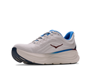 White running shoe with blue accents on a white background