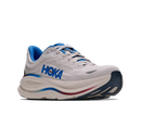 White running shoe with blue accents on a white background