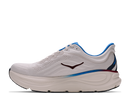 White running shoe with blue and red accents on a white background