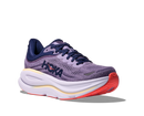 Purple running shoe with red sole on a white background