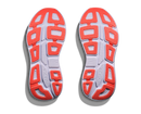 Close-up of a pair of running shoes with red and white sole pattern on a white background