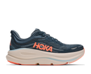 Navy running shoe with orange Hoka logo on a white background