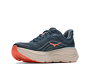 Blue running shoe with orange accents on a white background