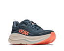 Blue running shoe with orange sole and Hoka branding on a white background
