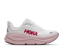 White running shoe with pink sole and 'Hoka' branding on a white background