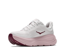 White running shoe with pink sole on a white background