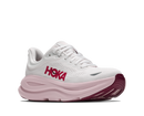 White and pink running shoe with 'Hoka' branding on a white background
