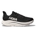Black running shoe with white sole on a white background