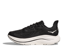 Black running shoe with white sole on a white background