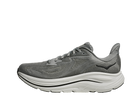 Gray running shoe with white sole on a white background