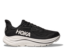 Black running shoe with white sole on a white background