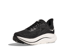 Black running shoe with white sole on a white background