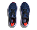 Blue running shoes with red heart details on a white background