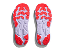 Close-up of a pair of red and gray athletic shoe soles on a white background