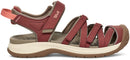 Red and brown sandal with white sole on a light gray background