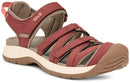 Red sandal with brown accents on a white background