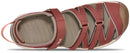 Red sandals with multiple straps on a white background