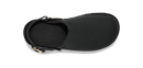 A single black slip-on clog shoe with a textured fabric upper, black interior lining, and a thin black strap with gold-tone metal hardware, shown from a top-down view on a white background.