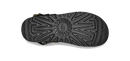 The black textured rubber outsole of a UGG sandal, showing the brand logo embossed in the center and a small logo on the heel, photographed from a top-down view on a white background.