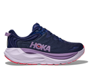 Navy running shoe with purple accents and 'Hoka' branding on a white background