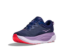 Navy and purple running shoe with red sole on a white background