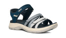 Blue and gray sandal with white sole on a white background
