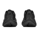 Black athletic shoes with 'hoka' branding on a white background