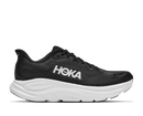 Black running shoe with white sole on a light gray background