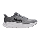 Gray running shoe with white sole on a white background