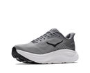 Gray running shoe with white sole on a white background