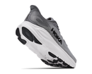 Gray running shoe with white sole on a white background