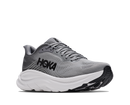 Gray running shoe with white sole on a white background