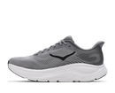 Gray running shoe with white sole on a white background
