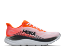 Hoka running shoe with pink and orange design on a white background