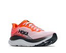 Orange and pink running shoe with 'Hoka' branding on a white background