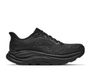 Black running shoe with Hoka branding on a white background