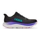 Black running shoe with purple sole and blue Hoka logo on a white background