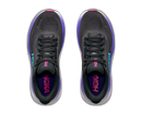 Black running shoes with purple accents on a white background