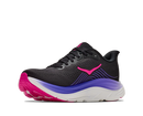 Black running shoe with pink and purple accents on a white background