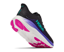 Black running shoe with pink and purple sole on a white background