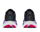 Black running shoes with purple soles on a white background