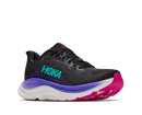 Black running shoe with purple and pink accents on a white background
