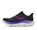 Black running shoe with pink and purple accents on a white background