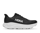 Black running shoe with white sole on a light gray background