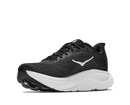 Black running shoe with white sole on a white background