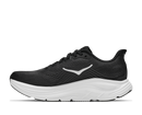 Black running shoe with white sole on a white background