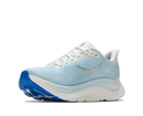 Light blue running shoe with white laces on a white background
