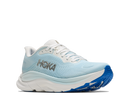 Light blue running shoe with white sole on a white background
