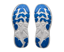 White athletic shoes with blue soles on a white background